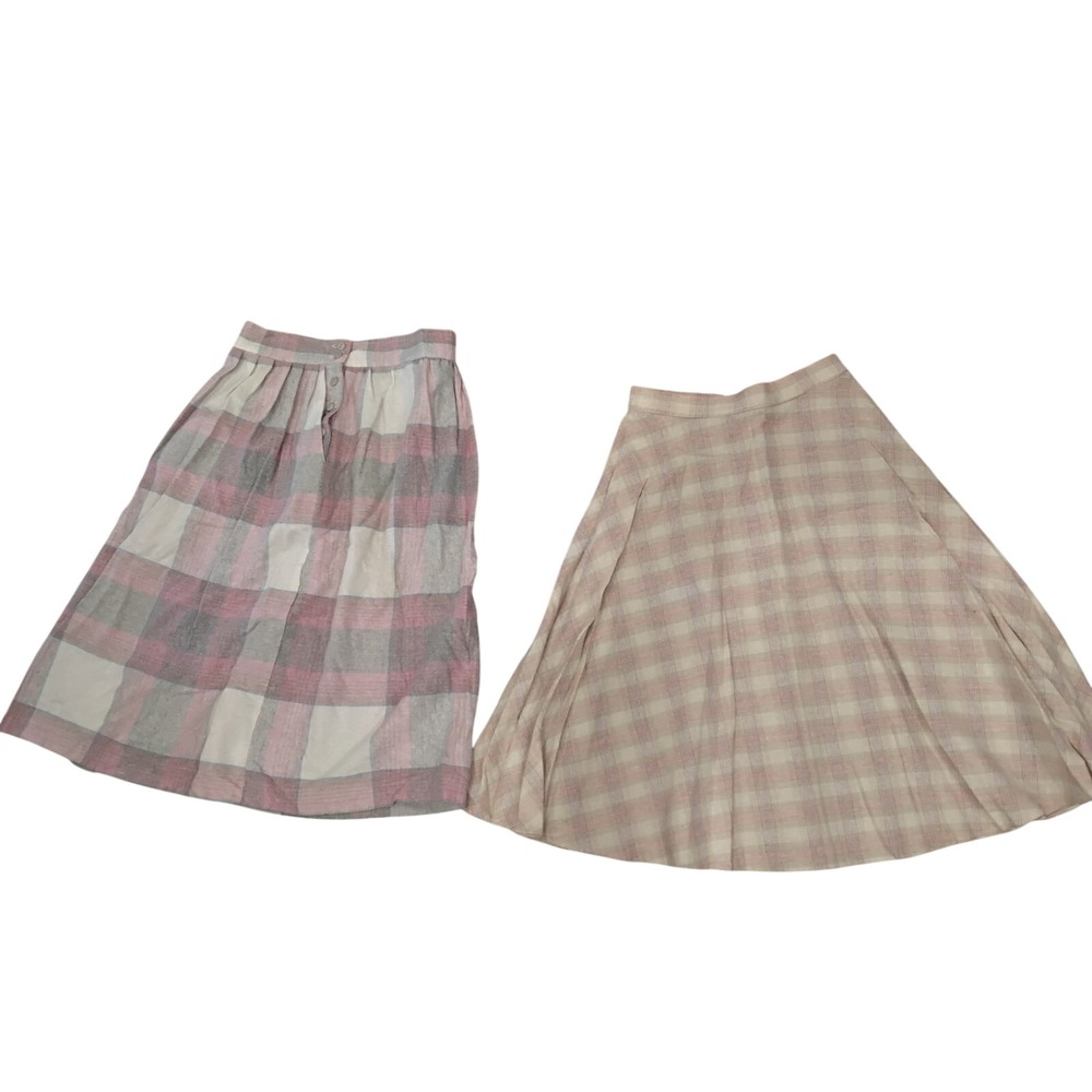Vintage Plaid‎ Midi Skirt Bundle Pink Cream Grey Button Front A-Line